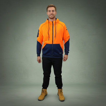 Coopers Hi-Vis Waterproof Work Jacket Full Zip - Blizzard Hood C701 (Orange Navy) – back view