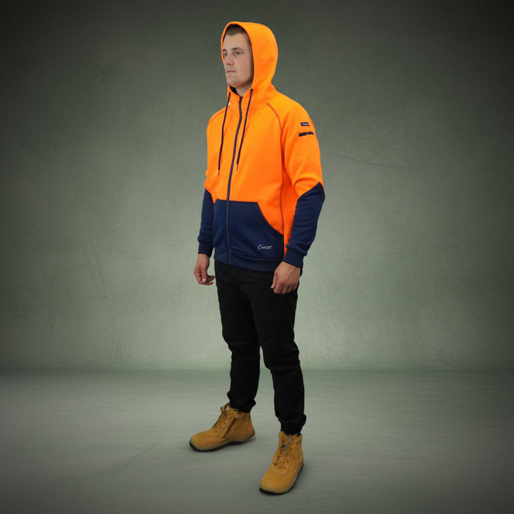 Coopers Hi-Vis Waterproof Work Jacket Full Zip - Blizzard Hood C701 (Orange Navy) – side detail
