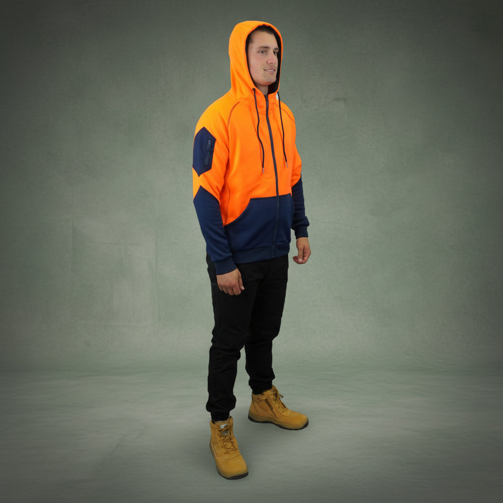 Coopers Hi-Vis Waterproof Work Jacket Full Zip - Blizzard Hood C701 (Orange Navy) – worn on-site
