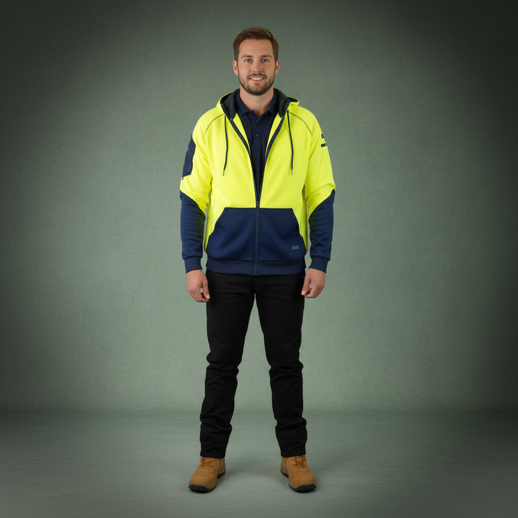 Coopers Hi-Vis Waterproof Work Jacket Full Zip - Blizzard Hood C701 (Yellow Navy) – back view