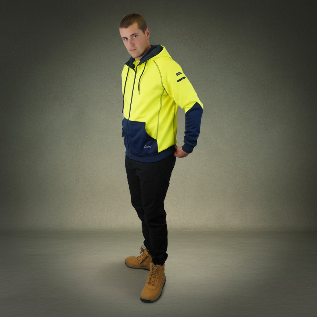 Coopers Hi-Vis Waterproof Work Jacket Full Zip - Blizzard Hood C701 (Yellow Navy) – worn on-site