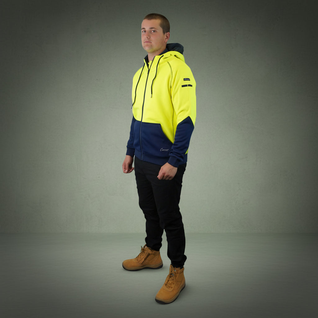 Coopers Hi-Vis Waterproof Work Jacket Full Zip - Blizzard Hood C701 (Yellow Navy) – full product shot