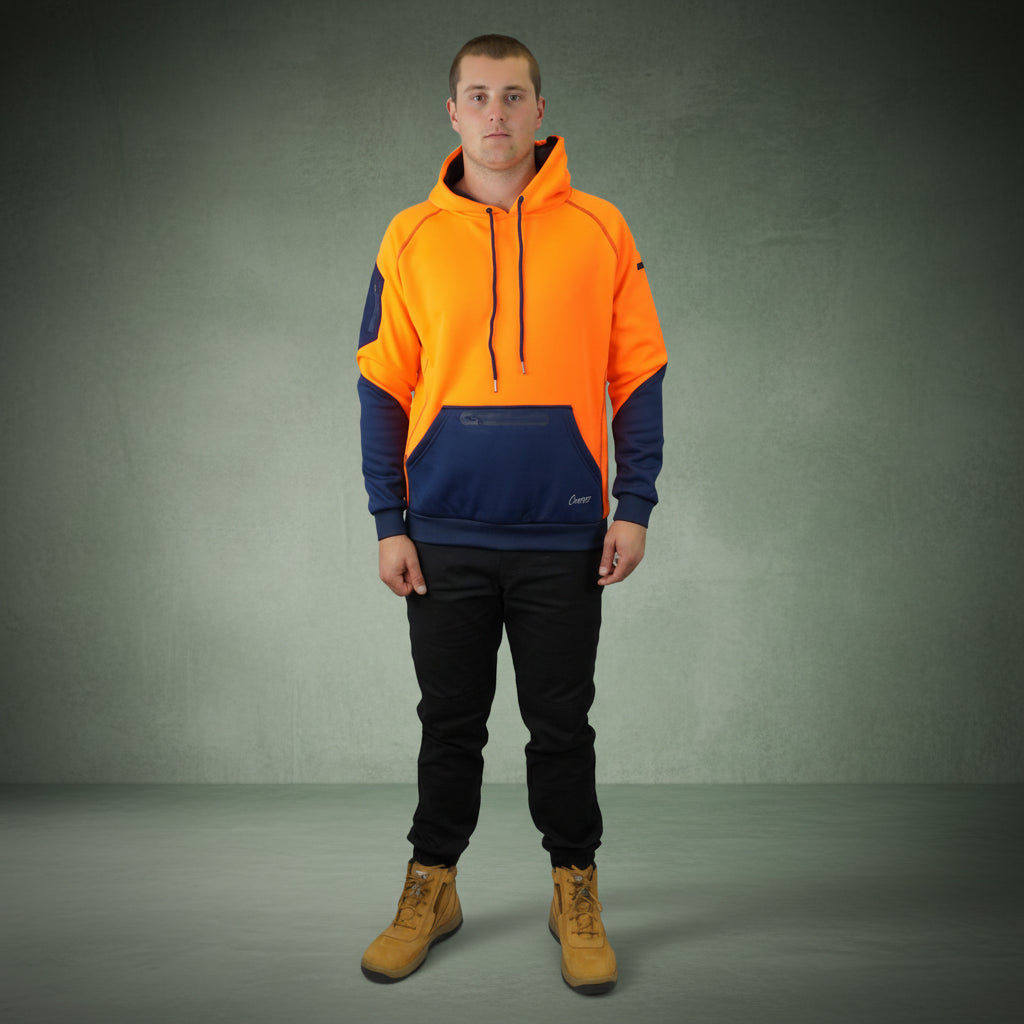 Coopers Hi-Vis Waterproof Work Jacket Pullover - Blizzard Hood C901 (Orange Navy) – back view