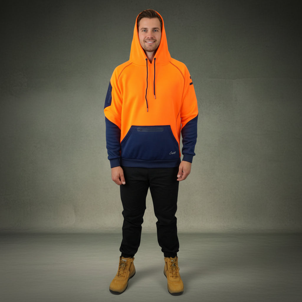 Coopers Hi-Vis Waterproof Work Jacket Pullover - Blizzard Hood C901 (Orange Navy) – fabric and stitching