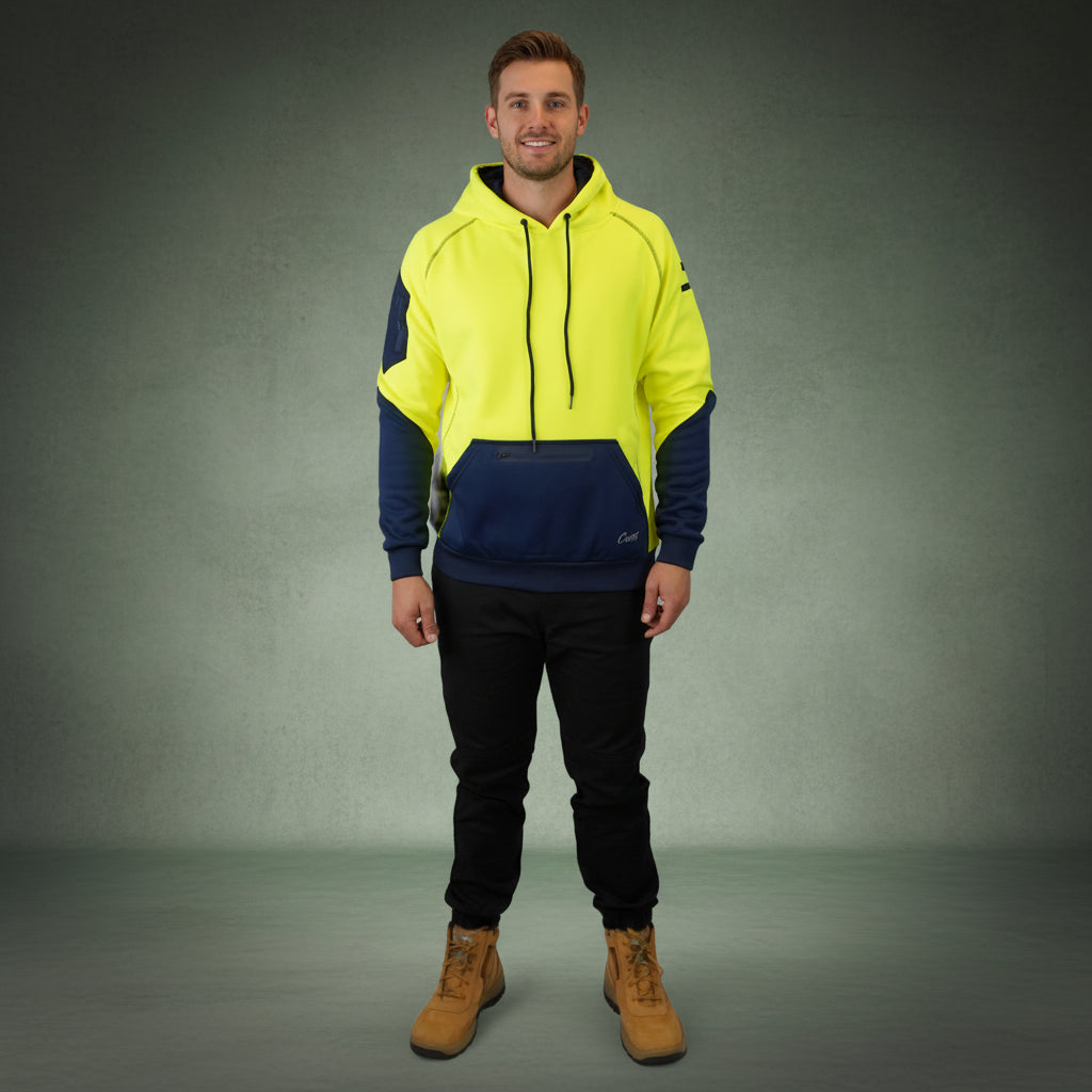 Coopers Hi-Vis Waterproof Work Jacket Pullover - Blizzard Hood C901 (Yellow Navy) – back view