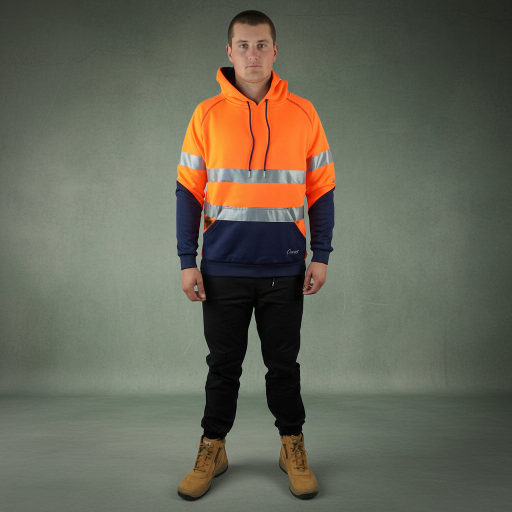 Coopers Hi-Vis Waterproof Work Jacket with 3M Tape - Blizzard Hood Pullover C601 (Orange/Navy) – back view