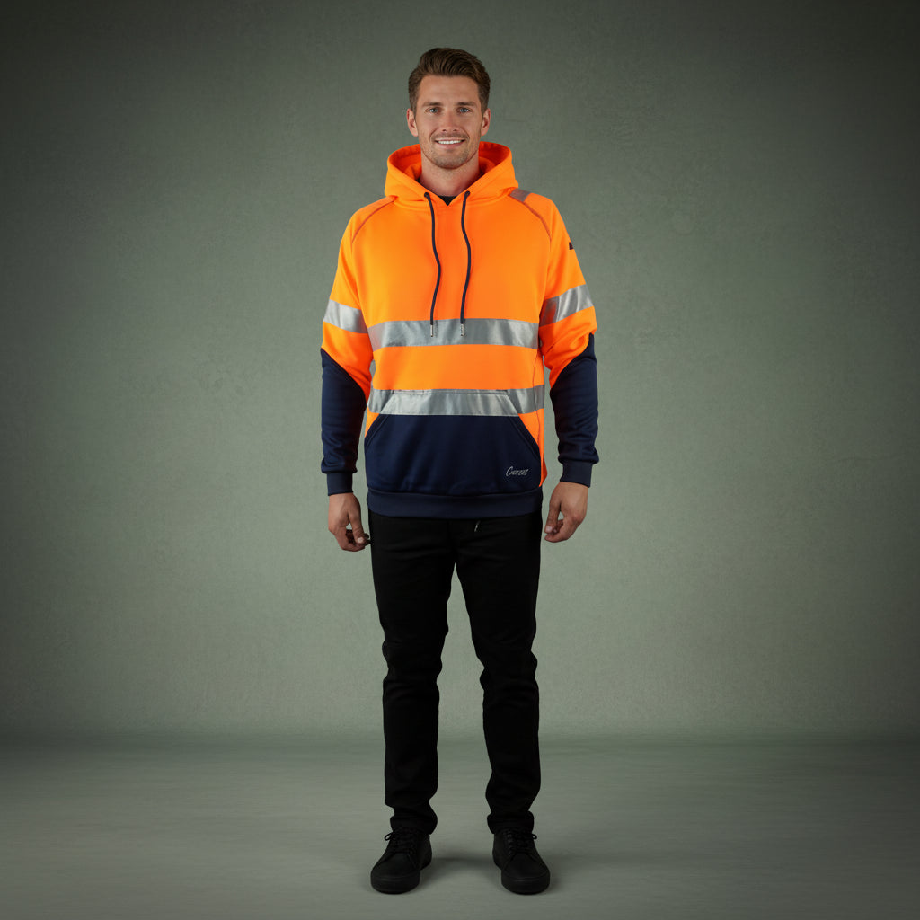 Coopers Hi-Vis Waterproof Work Jacket with 3M Tape - Blizzard Hood Pullover C601 (Orange/Navy) – worn on-site
