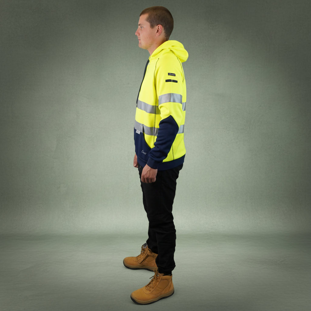 Coopers Hi-Vis Waterproof Work Jacket with 3M Tape - Blizzard Hood Pullover C601 (Yellow/Navy) – fabric and stitching