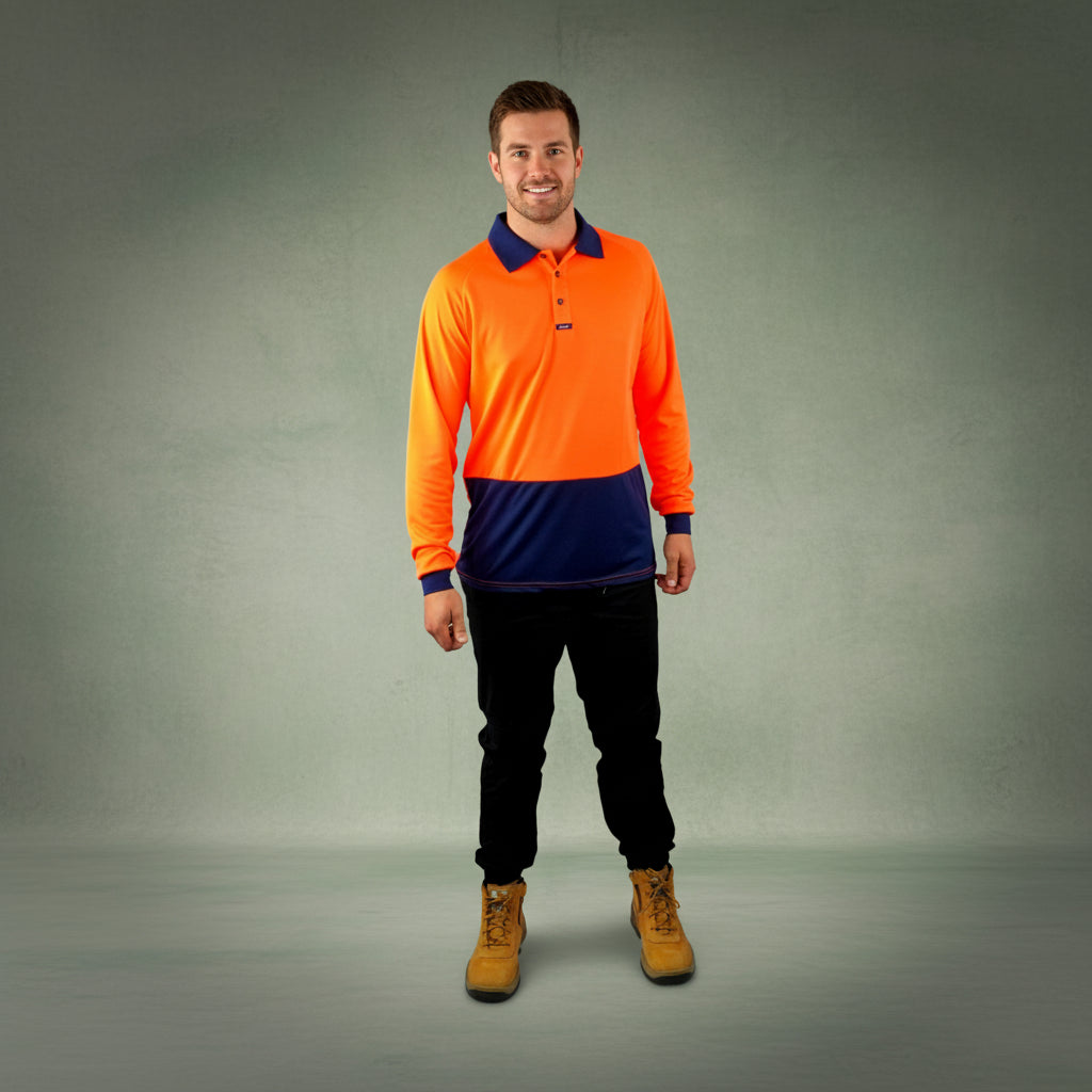 Coopers Hi-Vis Long Sleeve Work Polo - Coopers Elite C502 (Orange/Navy) – back view