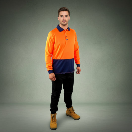Coopers Hi-Vis Long Sleeve Work Polo - Coopers Elite C502 (Orange/Navy) – front view