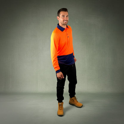 Coopers Hi-Vis Long Sleeve Work Polo - Coopers Elite C502 (Orange/Navy) – side detail