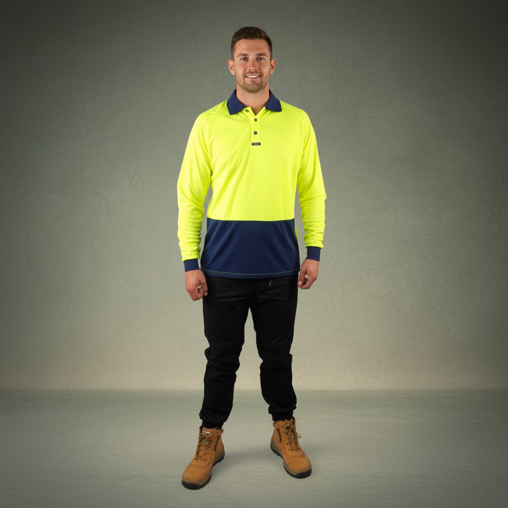 Coopers Hi-Vis Long Sleeve Work Polo - Coopers Elite C502 (Yellow/Navy) – back view