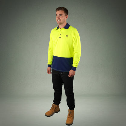 Coopers Hi-Vis Long Sleeve Work Polo - Coopers Elite C502 (Yellow/Navy) – front view