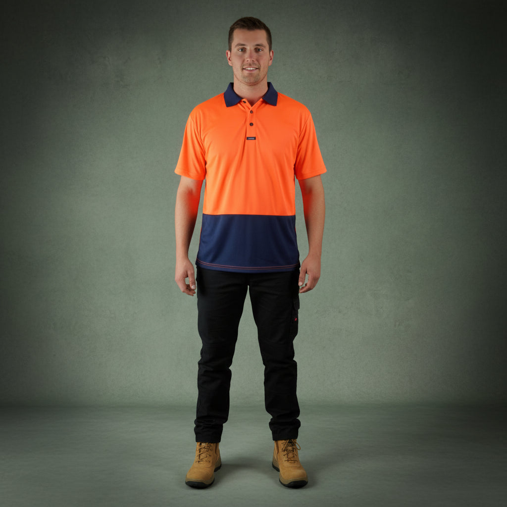 Coopers Hi-Vis Short Sleeve Work Polo - Coopers Elite C501 (Orange/Navy) – side detail